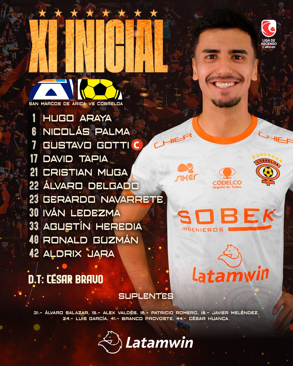 El XI Naranja ⚔️

Les presentamos la oncena estelar de Cobreloa para jugar hoy contra San Marcos de Arica 🏟️🔥⚽️

¡Vamos Zorro! 🦊
#ConCobreloaSiempre ♾️🦊