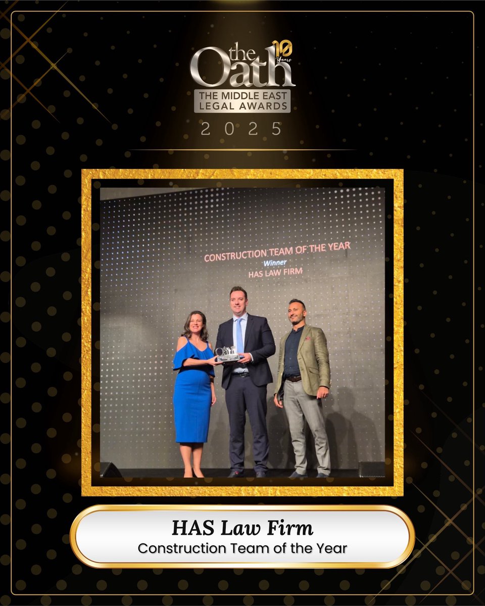 TheOathME's tweet photo. Building excellence brick by brick! Congratulations to ‘HAS Law Firm’, winners of Construction Team of the Year, celebrating their expertise in one of the region’s most dynamic sectors.

#TOLA2025
#TheOathLegalAwards
#TOLAturns10 https://t.co/87Sy4tLH4N