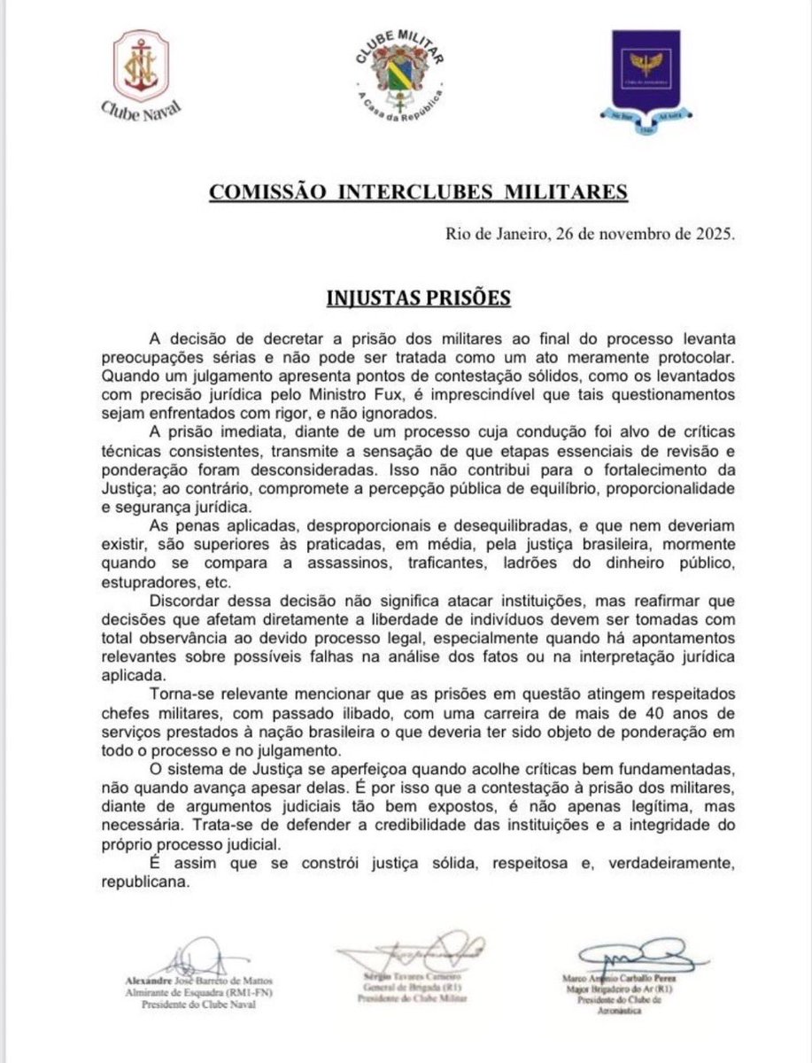 NewsLiberdade's tweet image. 🚨URGENTE - Clube Militar, Naval e da Aeronáutica publicaram uma nota em repúdio às prisões de oficiais-generais