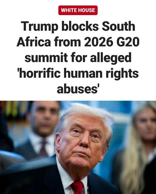 ConCaracal's tweet image. BREAKING: President Trump announces that South Africa will not be invited to the 2026 G20 summit in the US, citing human rights abuses against minorities such as the Afrikaners.