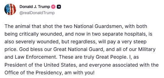 WW3_Monitor's tweet image. Trump has just posted about the Washington D.C. shooting near the White House 

🇺🇸🇺🇸‼️‼️‼️‼️‼️‼️‼️‼️‼️‼️‼️‼️‼️