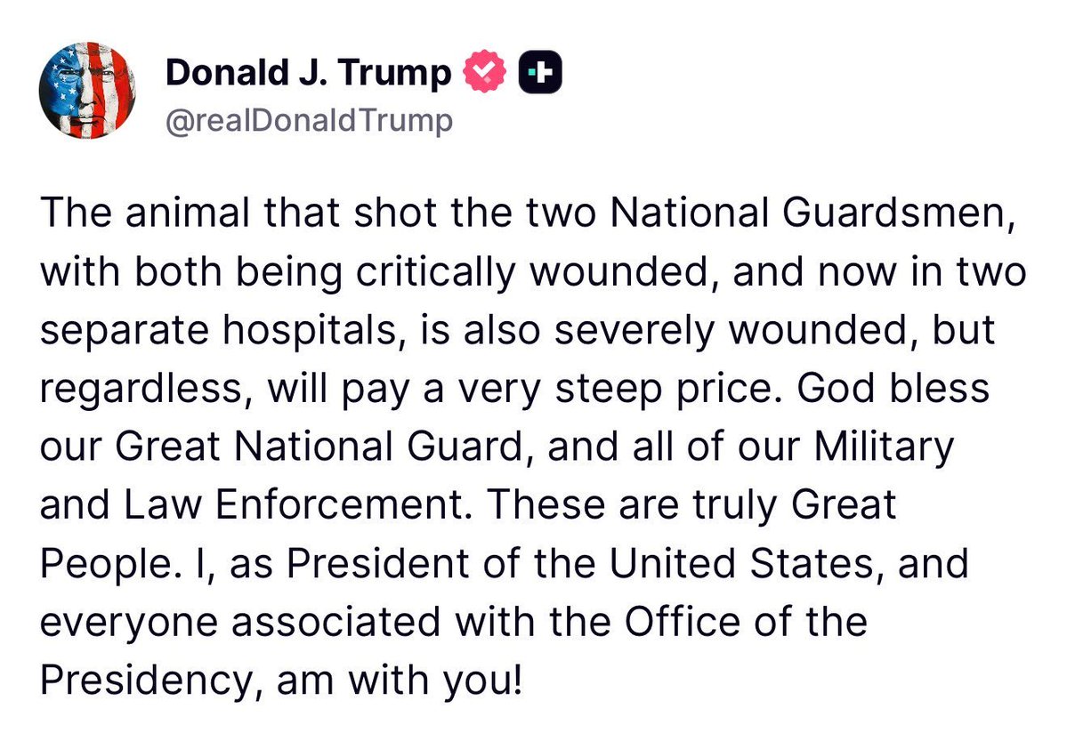 bennyjohnson's tweet image. BREAKING: Trump vows the “animal” who shot National Guardsmen near the White House “will pay a very steep price.”