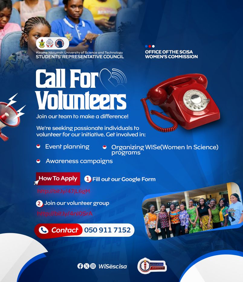WiseKNUST's tweet image. We’re calling for passionate volunteers to join our initiatives! 💡✨
👉 Apply via Google Form: forms.gle/DemTFfbR97PmtR… 👉 Join WhatsApp group: chat.whatsapp.com/KLbg6WW8aMWHxD… 📞 Contact: 0509117152
#YouFirst #EveryoneMatters #SCISAKNUST
