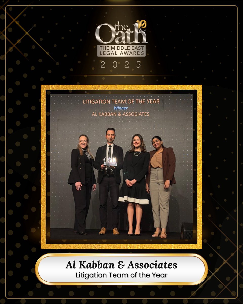 TheOathME's tweet photo. A powerhouse in advocacy! Applauding ‘AI Kabban &amp; Associates’, recognized as Litigation Team of the Year, honoring their courtroom excellence, strategy, and unwavering commitment to justice.

#TOLA2025
#TheOathLegalAwards
#TOLAturns10

@Alkabban_Law https://t.co/X41OAtvgsN