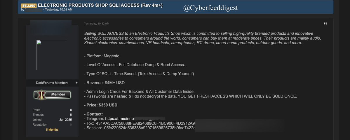 cyberfeeddigest's tweet image. “On a #darkweb forum, a user allegedly claimed to sell SQLi-based access to an online electronics retailer. The post mentioned full DB exposure and admin access. Highlights ongoing threats to e-commerce platforms. #CyberSecurity #DataBreach”

Revenue: $4M+ USD  
Price: $350 USD