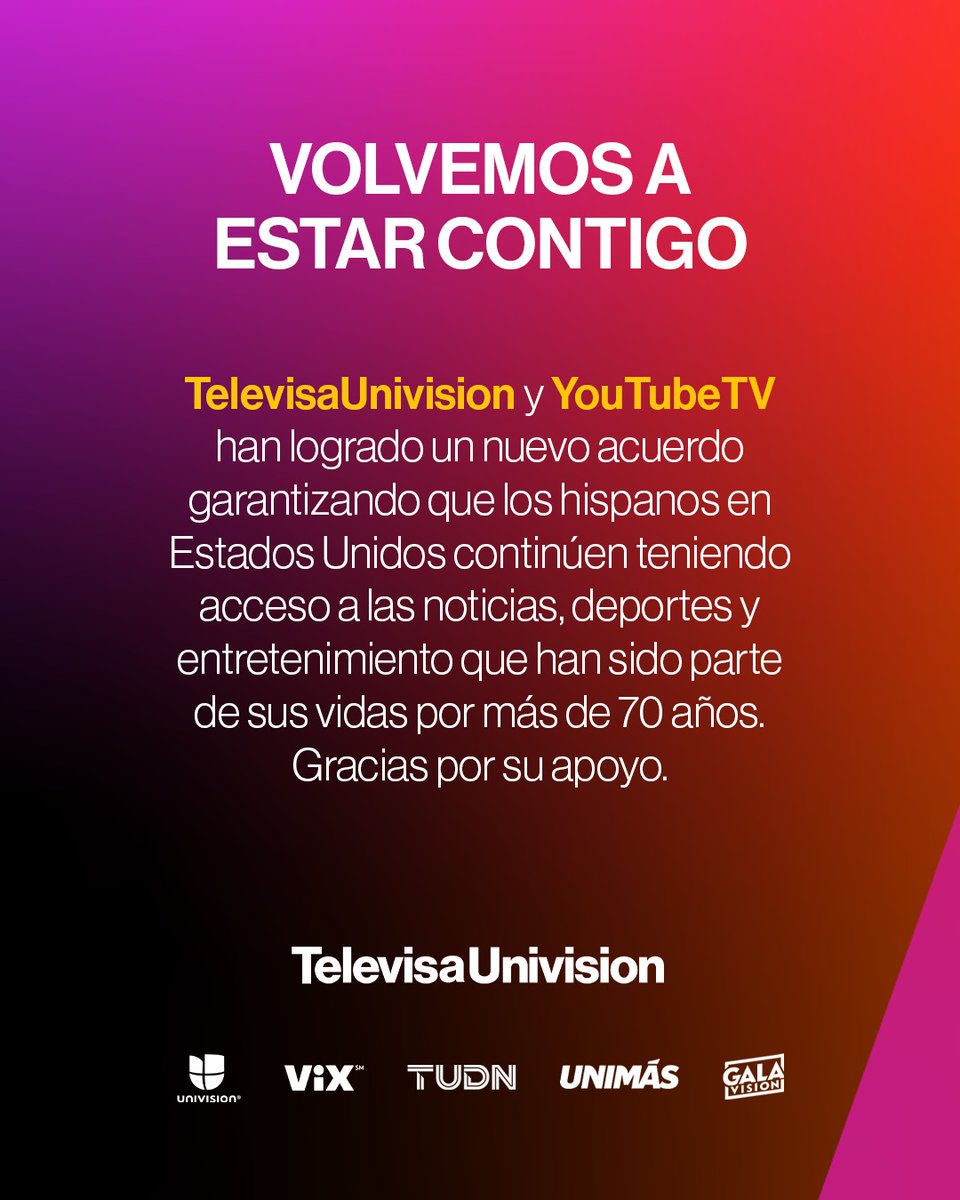 TelevisaUnivision ha logrado un nuevo acuerdo de distribución con YouTube TV. Los suscriptores del Plan Básico y del Plan en Español podrán disfrutar de Univision, UNIMÁS, TUDN y Galavisión, mientras que ViX se ofrecerá a través de los canales de Primetime de YouTube