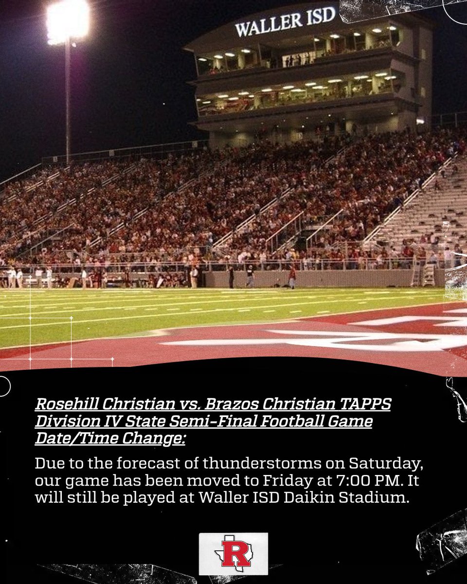 RCS__Athletics's tweet image. 🚨TAPPS Division IV State Semi-Final Game Date/Time Change

Read graphic for details.

#WeRrosehill #EagleStrong #GoEagles 🦅