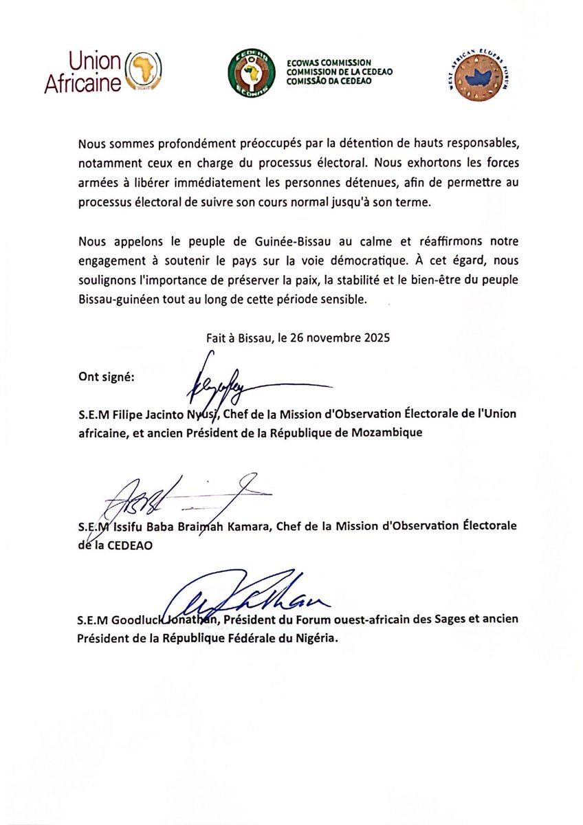 ecowas_cedeao's tweet image. DÉCLARATION CONJOINTE DES CHEFS DE MISSIONS ÉLECTORALES DE LA CÉDÉAO, DE L&apos;UNION AFRICAINE ET DU FORUM OUEST-AFRICAIN DES SAGES AU SUJET DE LA SITUATION POST- ELECTORALE EN REPUBLIQUE DE GUINÉE-BISSAU.