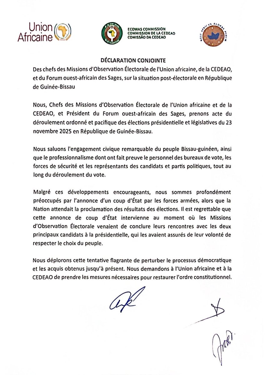 ecowas_cedeao's tweet image. DÉCLARATION CONJOINTE DES CHEFS DE MISSIONS ÉLECTORALES DE LA CÉDÉAO, DE L&apos;UNION AFRICAINE ET DU FORUM OUEST-AFRICAIN DES SAGES AU SUJET DE LA SITUATION POST- ELECTORALE EN REPUBLIQUE DE GUINÉE-BISSAU.