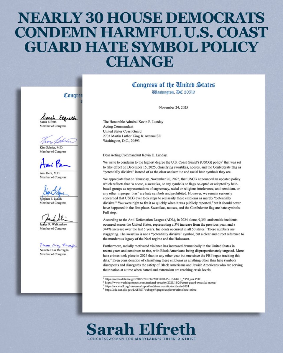 RepSarahElfreth's tweet image. Symbols of horrible violence, antisemitism, and racism like swastikas and nooses are not “potentially divisive” – they are clear symbols of hate. Yet, our Coast Guard wanted to reclassify these hateful symbols. While the USCG has since announced an updated policy, this change…