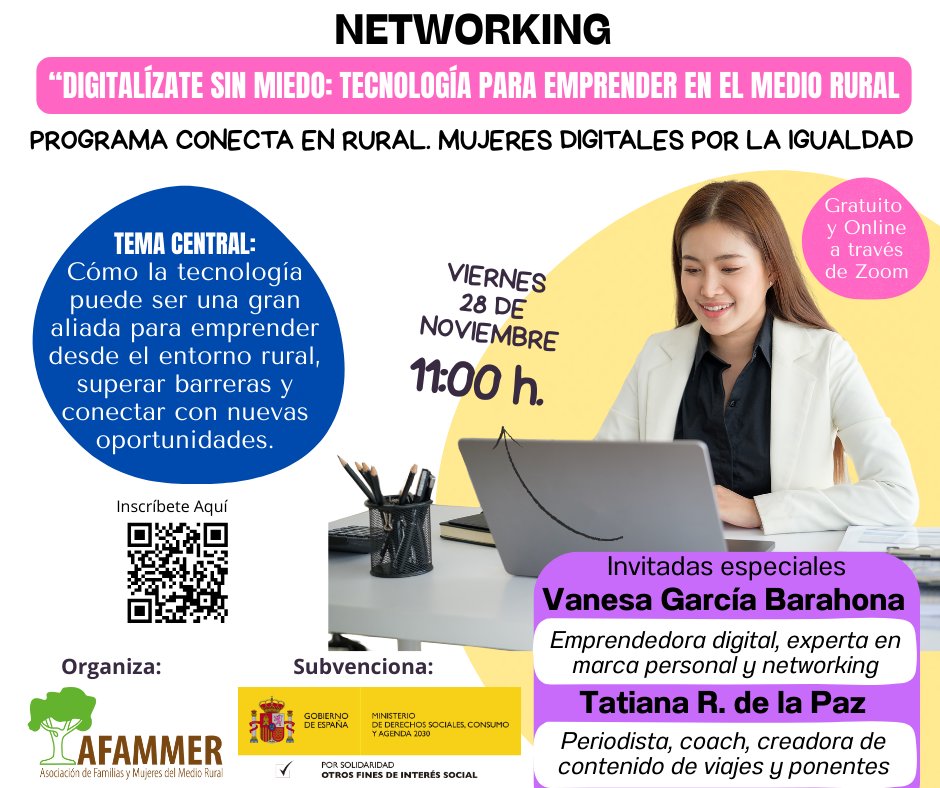 💡 ¿Vives en un entorno rural y quieres emprender o reinventarte con ayuda de lo digital?

🗓 28 NOV · 11:00 h
📍 Online y gratuito
👩‍💻 Con Vanesa G. Barahona (<a href="/VanGarBar/">Vanesa García</a>)  y Tatiana de la Paz 

📩 Inscríbete 👇forms.gle/4ZNsr5h5eWrcRo…

#ConectaEnRural #DigitalízateSinMiedo