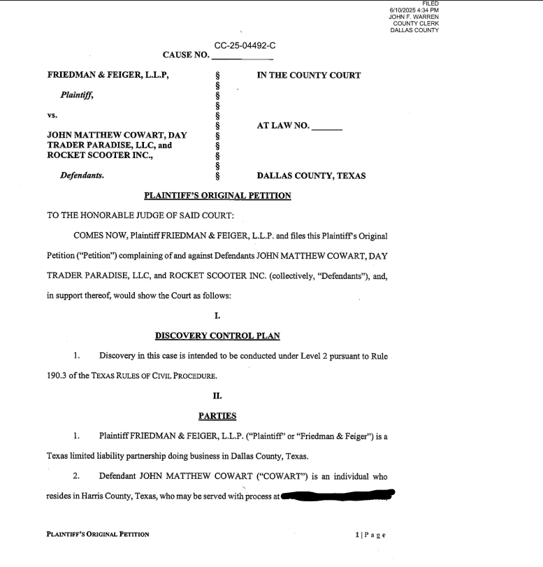 RocketScam24978's tweet image. Self proclaimed &quot;insider&quot; and &quot;profitable trading&quot; Guru micro influencer John Matthew Cowart, aka Rocketscooter, gets sued by legal team on 6/10/2025 for failing to pay bills despite a monthly payment arrangement of only $5,000 per month.  He appeared pro se (without a lawyer)
