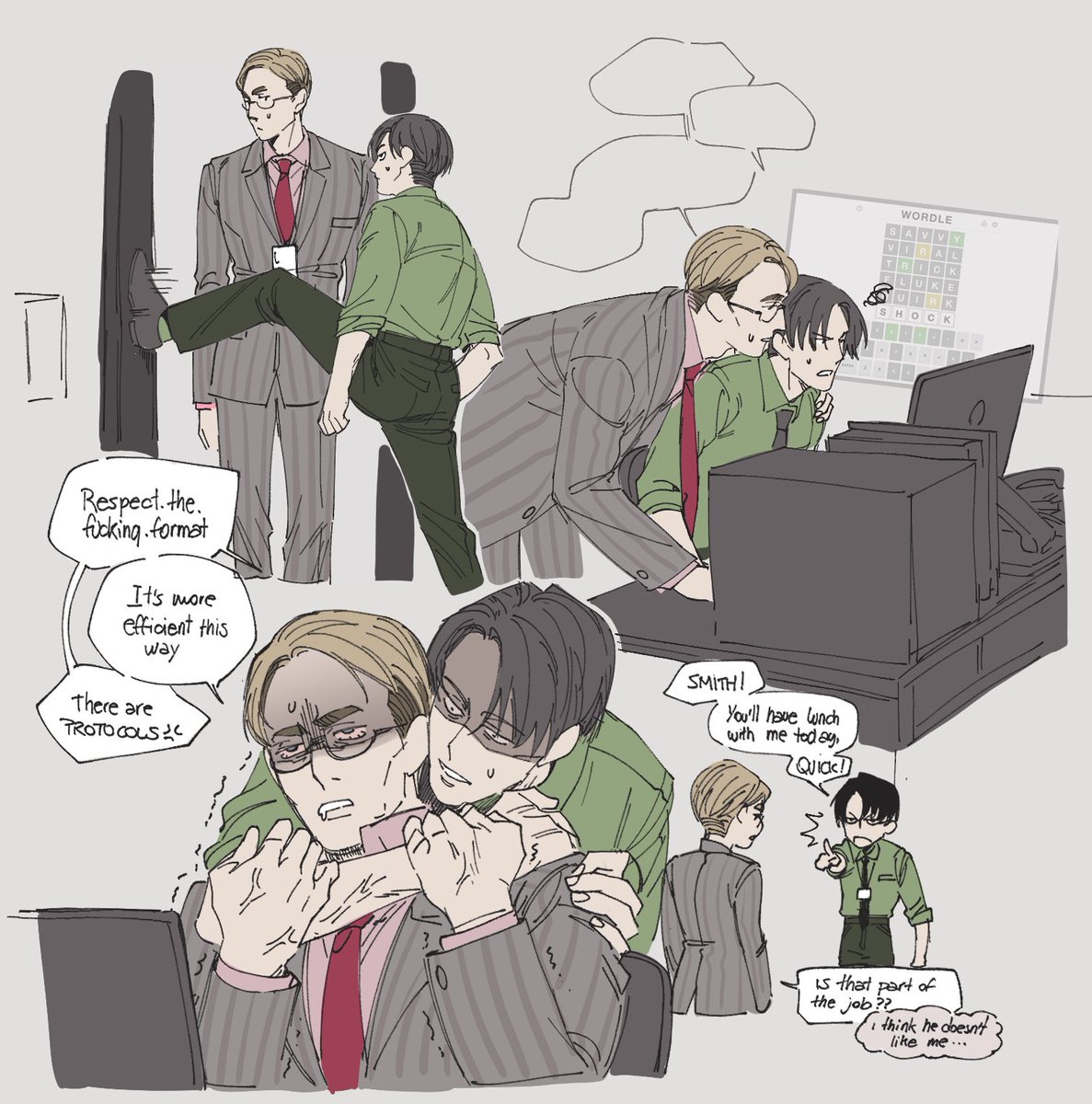 doodles of #eruri office workers au (guess who's the boss)