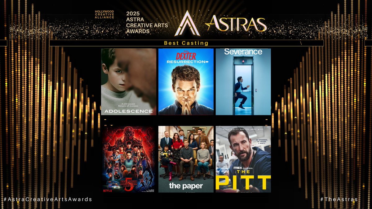 TheAstraAwards's tweet image. The Astra Creative Arts Awards TV Nominees for Best Casting are:

Adolescence
Dexter: Resurrection
Severance
Stranger Things
The Paper
The Pitt

#Adolescence #DexterResurrection #Severance #StrangerThings #ThePaper #ThePitt #TheAstras #AstraCreativeArtsAwards