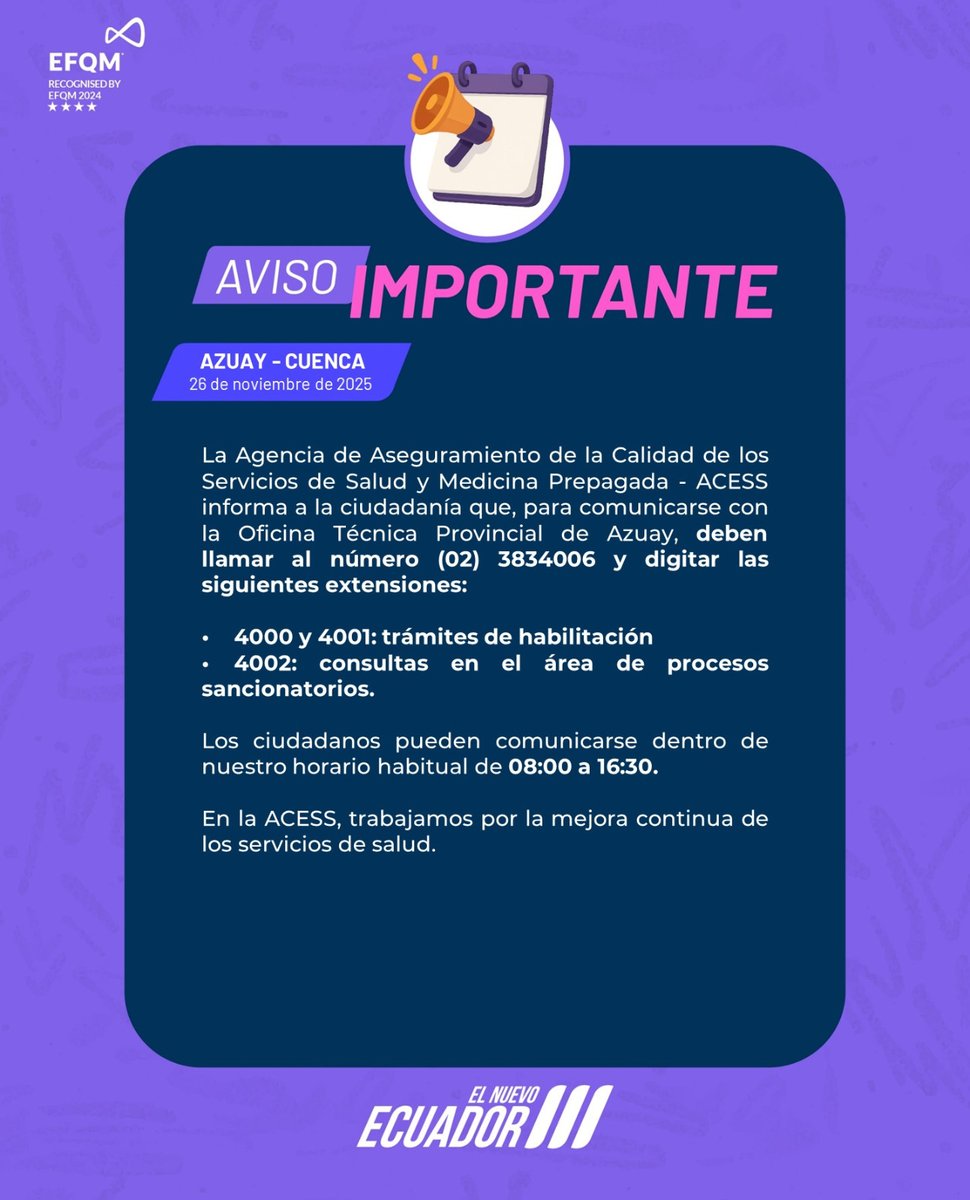 Acess_Ec's tweet photo. 📢 Informamos a nuestros usuarios de la provincia del #Azuay que están disponibles las siguientes extensiones telefónicas ☎️:
▪️ 4000 y 4001: Habilitación
▪️ 4002: Consultas en el área de procesos sancionatorios.
🤔 Recuerda que nuestro teléfono es 📞 (02) 3834006
#SomosACESS https://t.co/sn1Xv4UWS5