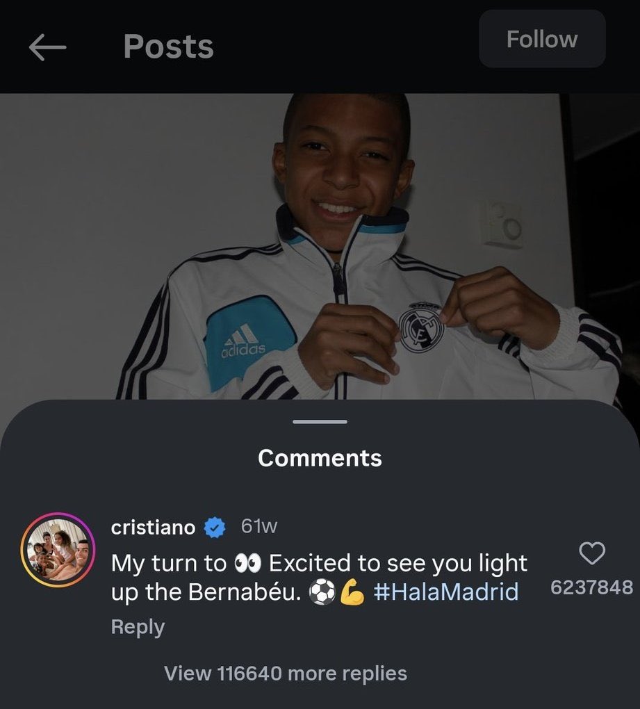❗️Cristiano Ronaldo’s reply to Mbappe reaches over 6 million likes.