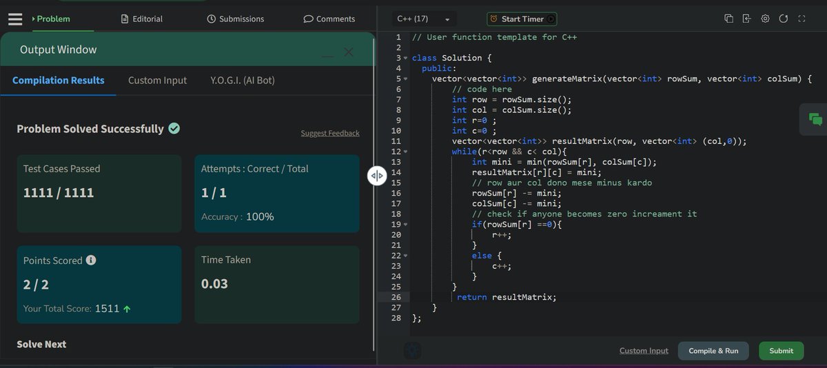 SaubanMohd42492's tweet image. Day  233 of GFG Challenge:
&quot;Generate a matrix with each row and column of given sum&quot;
  
Time Complexity: O(n * m)
Auxiliary Space: O(1)

@geeksforgeeks #GFGChallenge  #geeksforgeeks