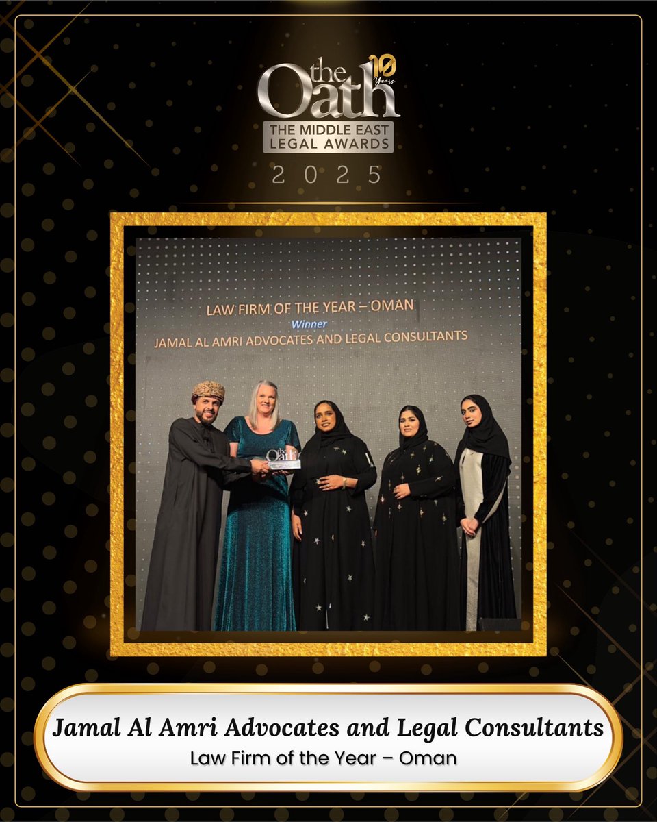 TheOathME's tweet photo. Applauding excellence from Oman! Congratulations to ‘Jamal AI Amri, Advocates and Legal Consultants’, honored as Law Firm of the Year – Oman, a recognition of their outstanding service, regional leadership, and trusted expertise.

#TOLA2025
#TheOathLegalAwards
#TOLAturns10 https://t.co/FHhjccOFIV