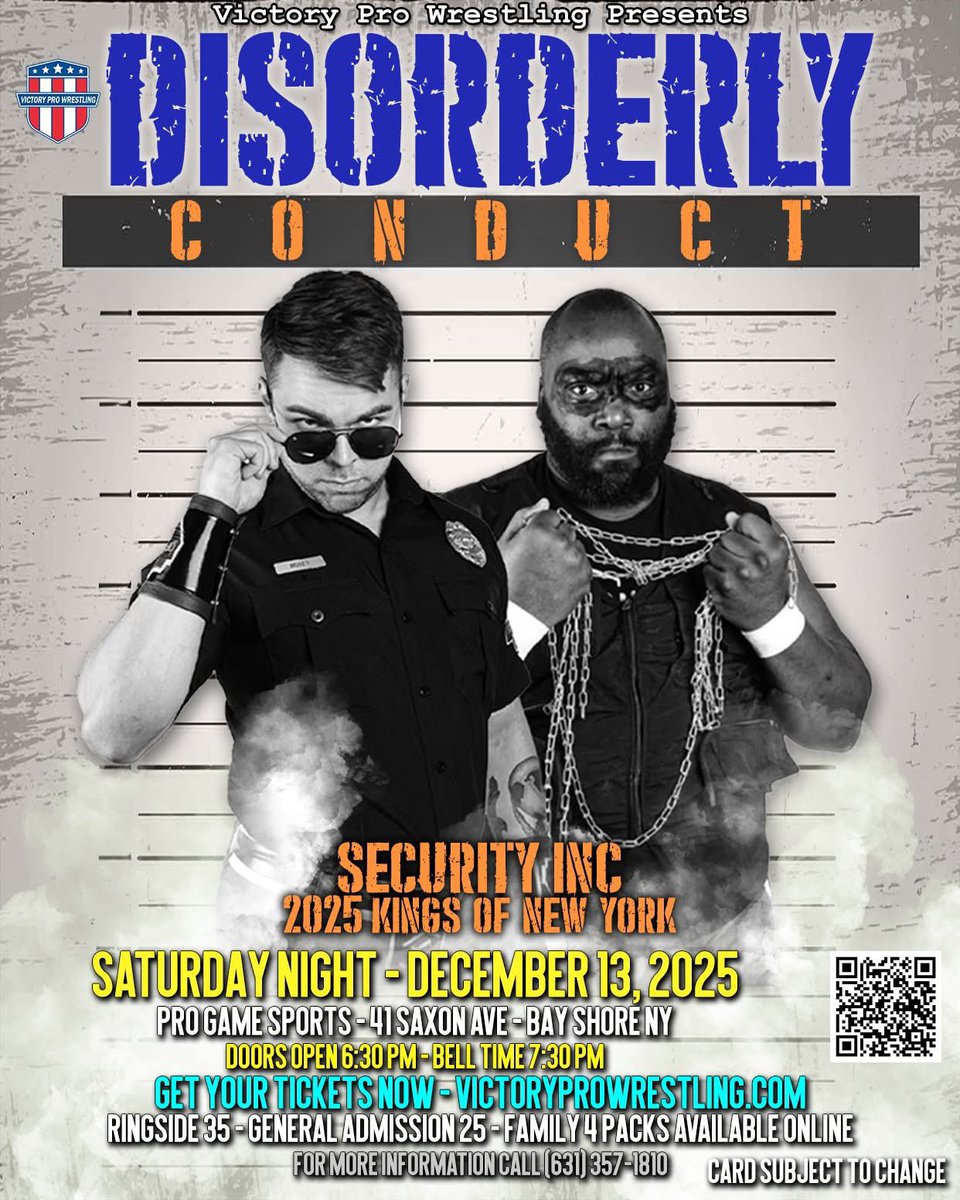 SecurityIncPro's tweet image. For 3 1/2 long years, we have been TRYING to enforce our law in @VPW_Wrestling. 

December 13th will be our last attempt. 

If we cannot win the Tag Team Championship, we will leave Victory Pro Wrestling. 

#JusticeForSecurityInc #DisorderlyConduct 

victoryprowrestling.com/caged-chaos-aw…