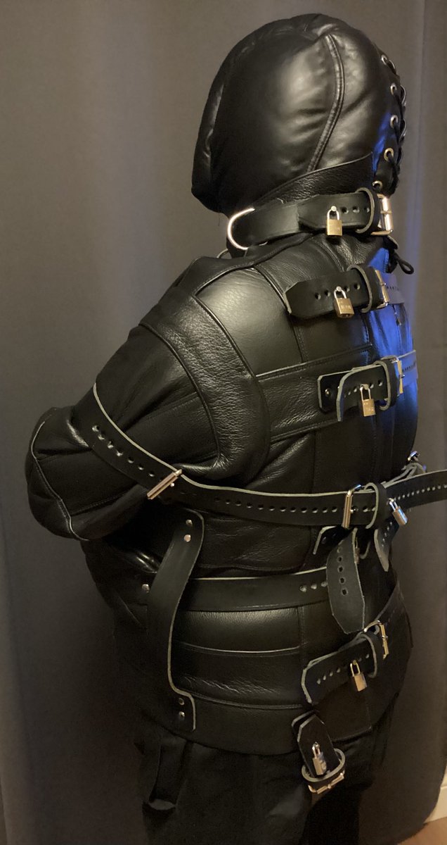 A friend gets to grips with my Fetters straitjacket and Mr S hood this evening, for a fair while.