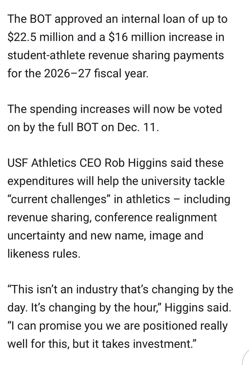 South Florida may soon be entering a coaching search. As that plays out, the school is in line to become the first non-power program to fully fund the $20.5 million+ in athlete revenue-share, as the university board recently approved the influx.

usforacle.com/2025/11/25/usf…