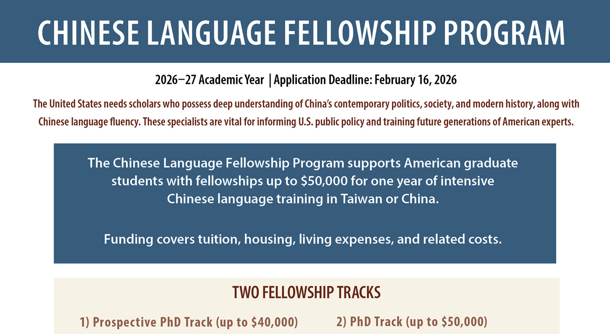 NBRnews's tweet image. APPLICATIONS ARE OPEN for NBR’s Chinese Language Fellowship Program, which provides fellowships of up to $50,000 for one year of intensive #Chineselanguage training in China and Taiwan. Learn more and apply at nbr.org/clfp. #fellowships
