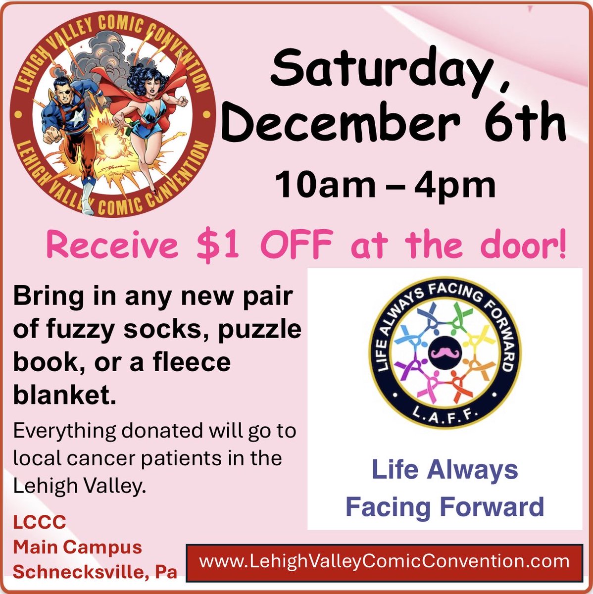 RECEIVE $1.00 OFF!  Help Us Help LOCAL CANCER PATIENTS &amp; LAFF (Life Always Facing Forward). Bring in any new pair of fuzzy socks, puzzle book, or a fleece blanket, and receive $1 OFF. 

Everything donated will go to local cancer patients in the Lehigh Valley.