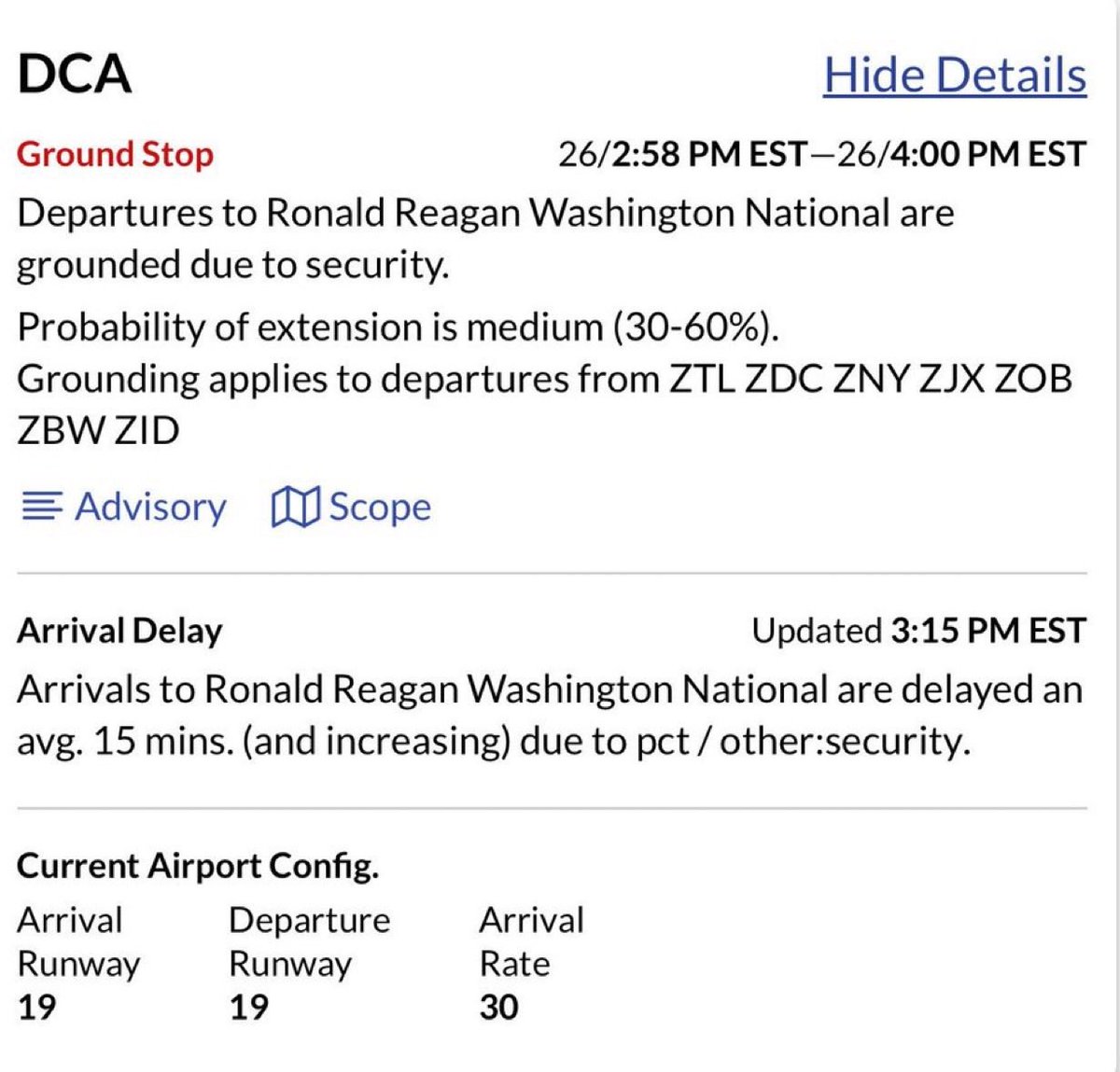 ⚡️Ground stop ordered at Ronald Reagan Washington National Airport (DCA) for security reasons.