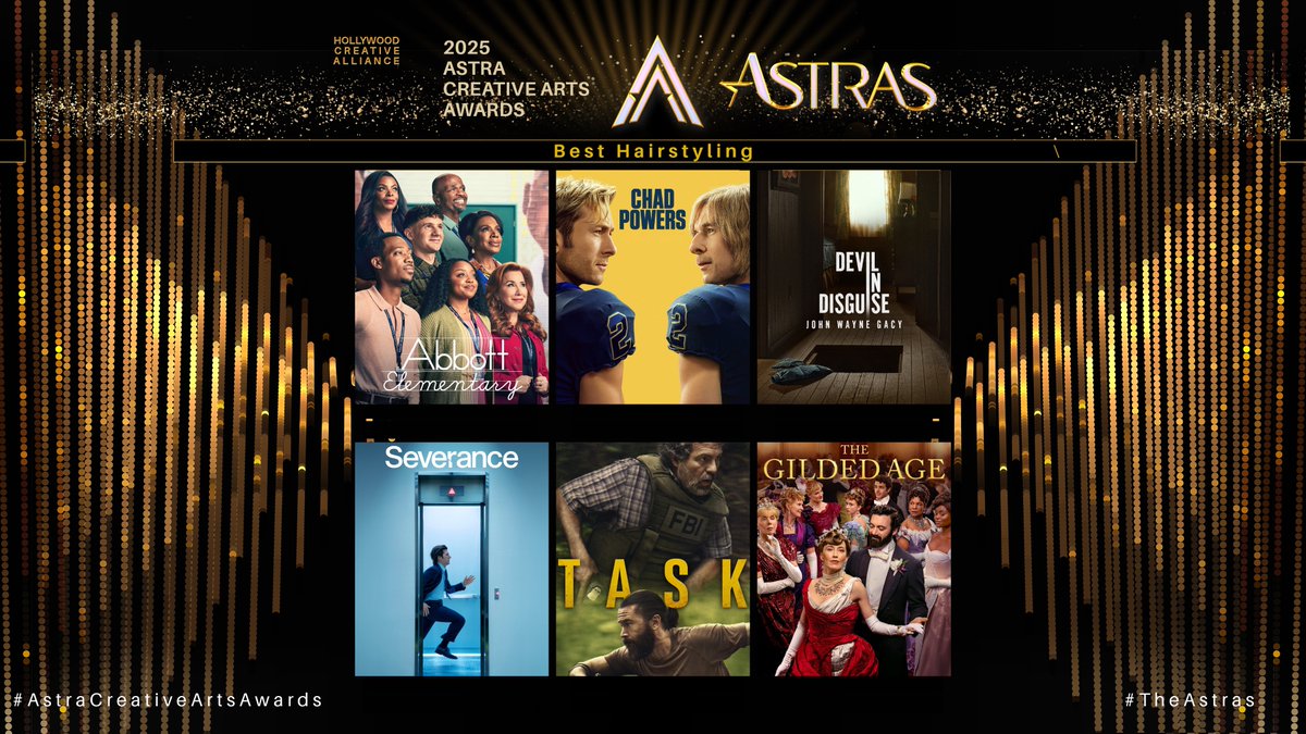 TheAstraAwards's tweet image. The Astra Creative Arts Awards TV Nominees for Best Hairstyling are:

Abbott Elementary
Chad Powers
Devil in Disguise: John Wayne Gacy
Severance
Task
The Gilded Age

#AbbottElementary #ChadPowers #DevilInDisguise #Severance #Task #TheGildedAge #TheAstras #AstraCreativeArtsAwards