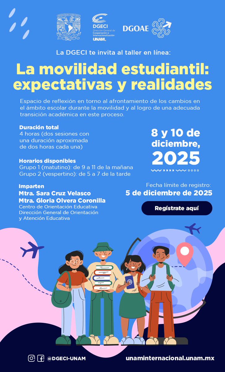 GlobalFCPyS's tweet image. Estimadas alumnas y alumnos 👩‍🎓🧑‍🎓👨‍🎓

¡Su movilidad se acerca! ✨

Y como parte de los preparativos para esta experiencia, les invitamos a participar en este taller en línea💻