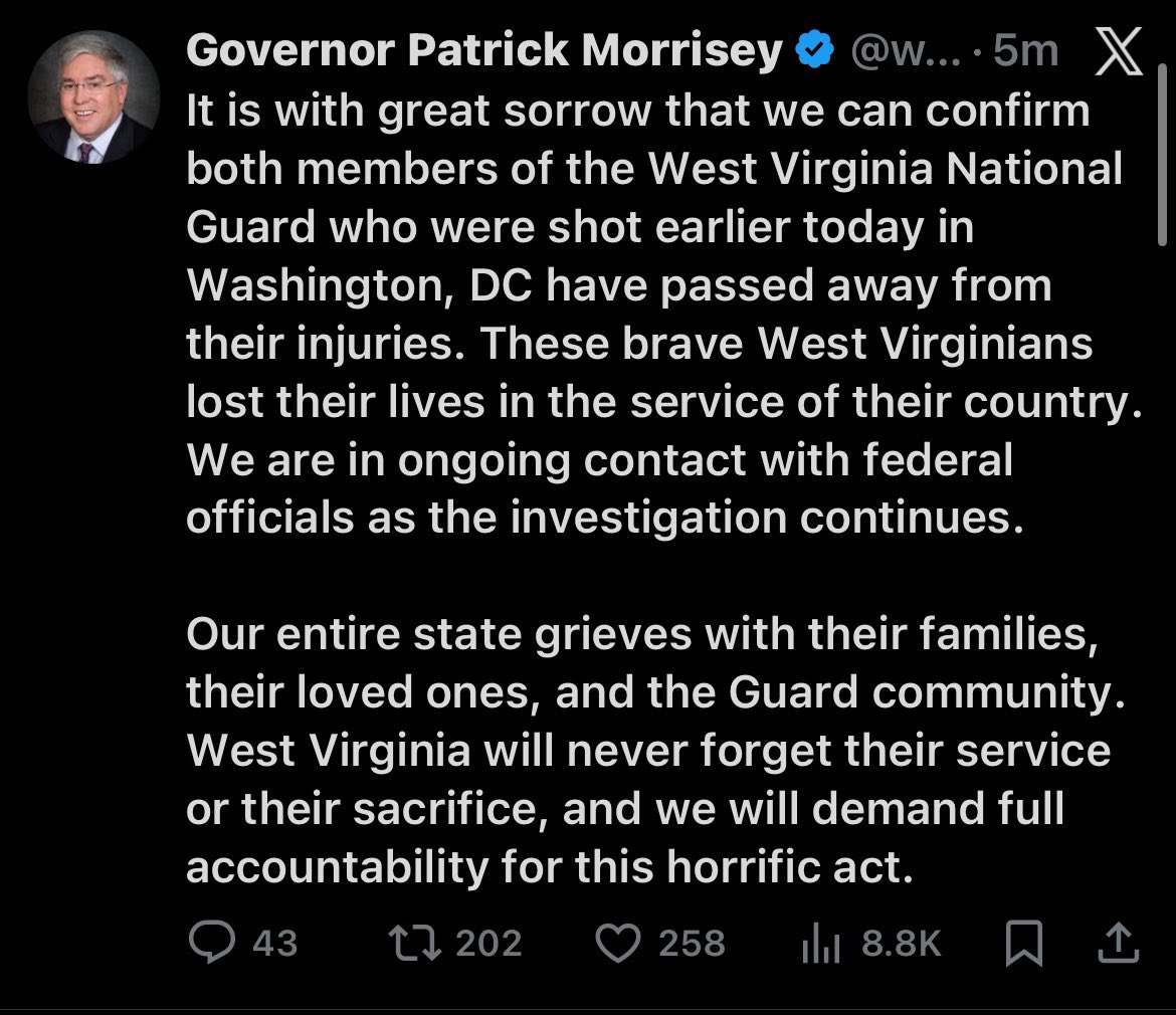 ⚡️BREAKING:

2 National Guard members shot near White House has died, West Virginia governor says.