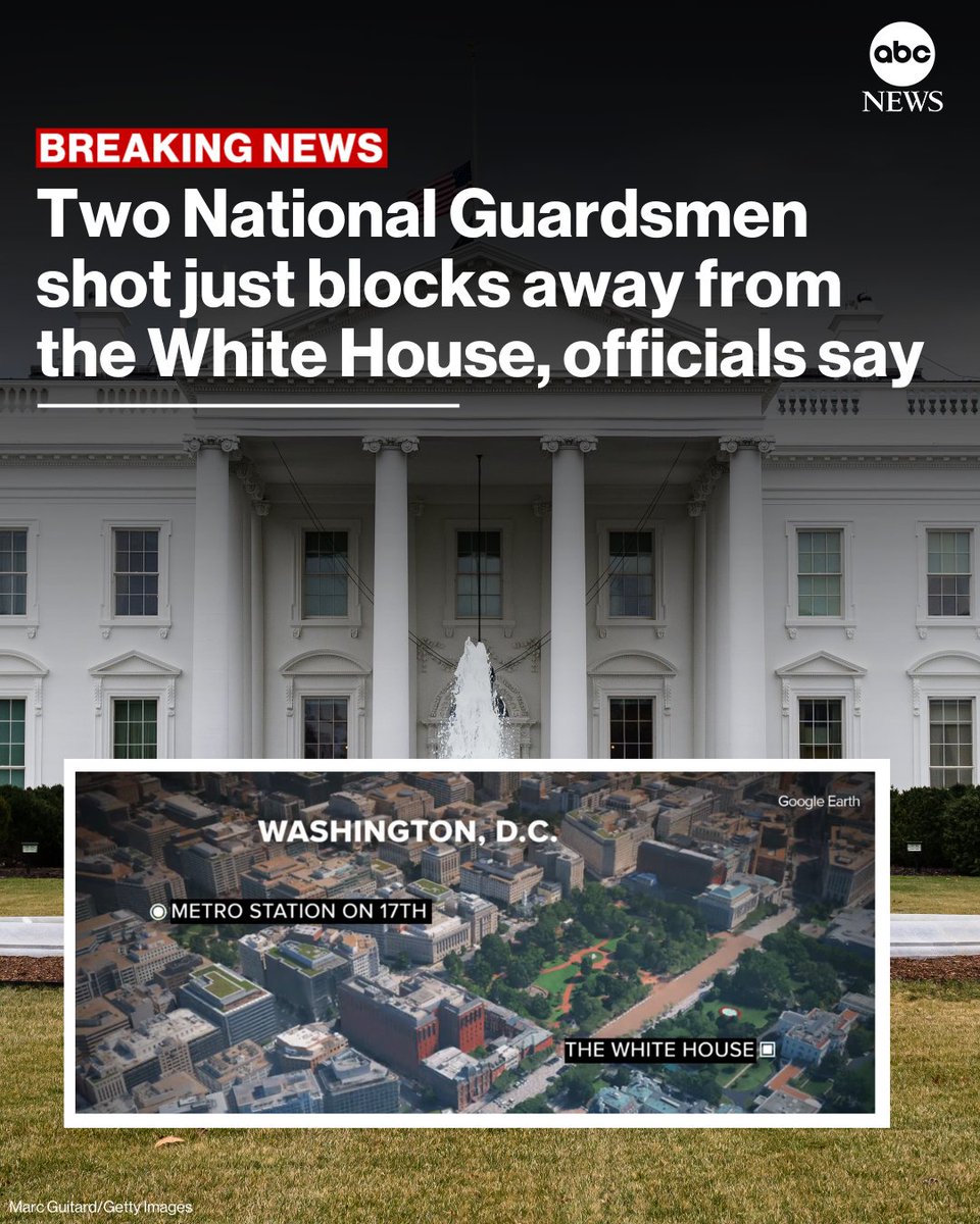 ABC's tweet image. LATEST: Officials confirmed that the White House is currently on lockdown after two National Guardsmen were shot in downtown Washington, D.C.
 
President Trump is in Florida, where he is spending Thanksgiving at his Mar-a-Lago club. abcnews.link/O5TkaxP