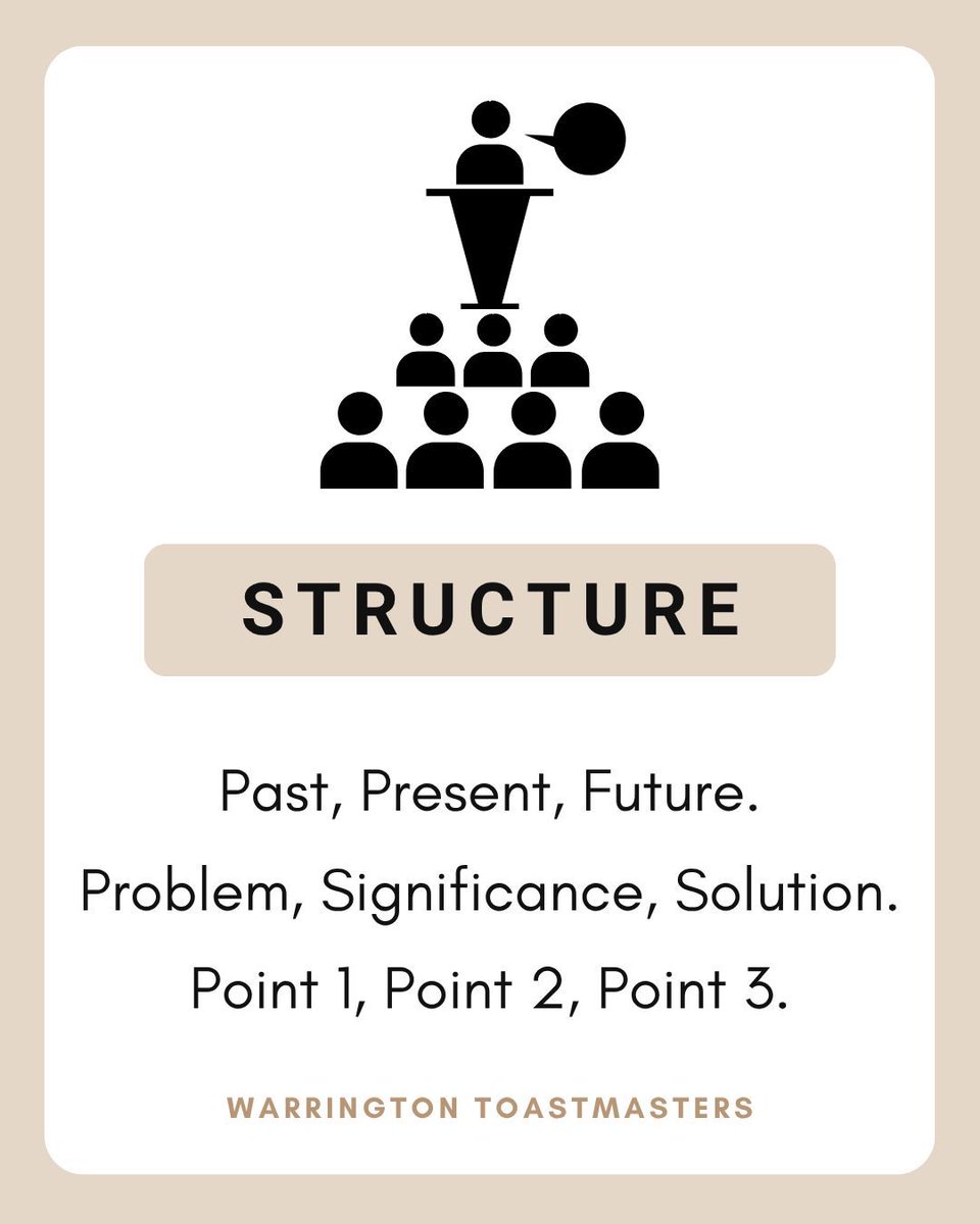 WarringtonTM's tweet image. Struggling to organise your thoughts when delivering a speech? Using a simple structure transforms rambling into clarity. In a structure sandwich, your opening and closing are slices of bread, but you still need a filling.

Try one of these structures!
