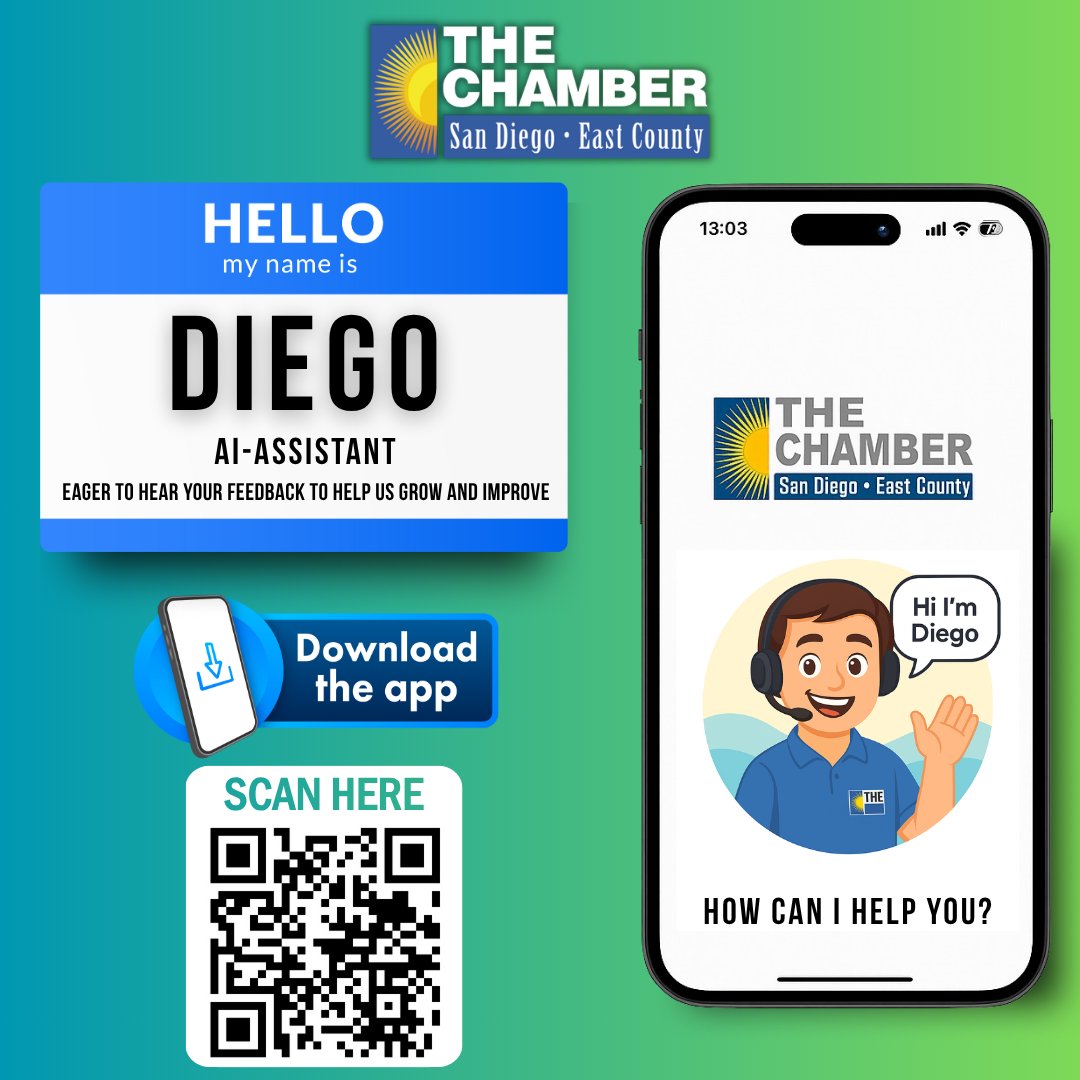 sdeccc's tweet image. 🤖💬 Meet Diego — Your Chamber AI Assistant! 💬🤖

Have questions about events, membership, or Chamber resources? Diego is here to help! Available right inside The Chamber App, Diego is your 24/7 assistant ready to answer questions, share updates, and make connecting with the…