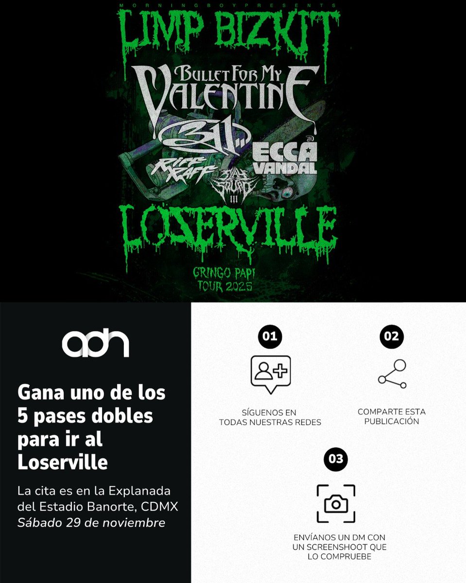 🎟️🔥 ¿Listos para una noche legendaria? En adn Noticias estamos regalando boletos para el Loserville: Gringo Papi Tour 2025, con el regreso de la icónica banda Limp Bizkit 🤯🎸 

Solo síguenos en todas nuestras redes, mándanos un screenshot que lo compruebe y comparte esta