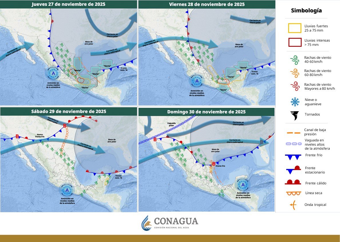 Hoy y mañana, el #FrenteFrío 16 generará #Lluvias muy fuertes a intensas en el noreste, oriente y sureste de #México; #EventoDeNorte en el litoral del #GolfoDeMéxico, istmo y #GolfoDeTehuantepec y ambiente #Frío en el norte, noreste, oriente y centro del país.