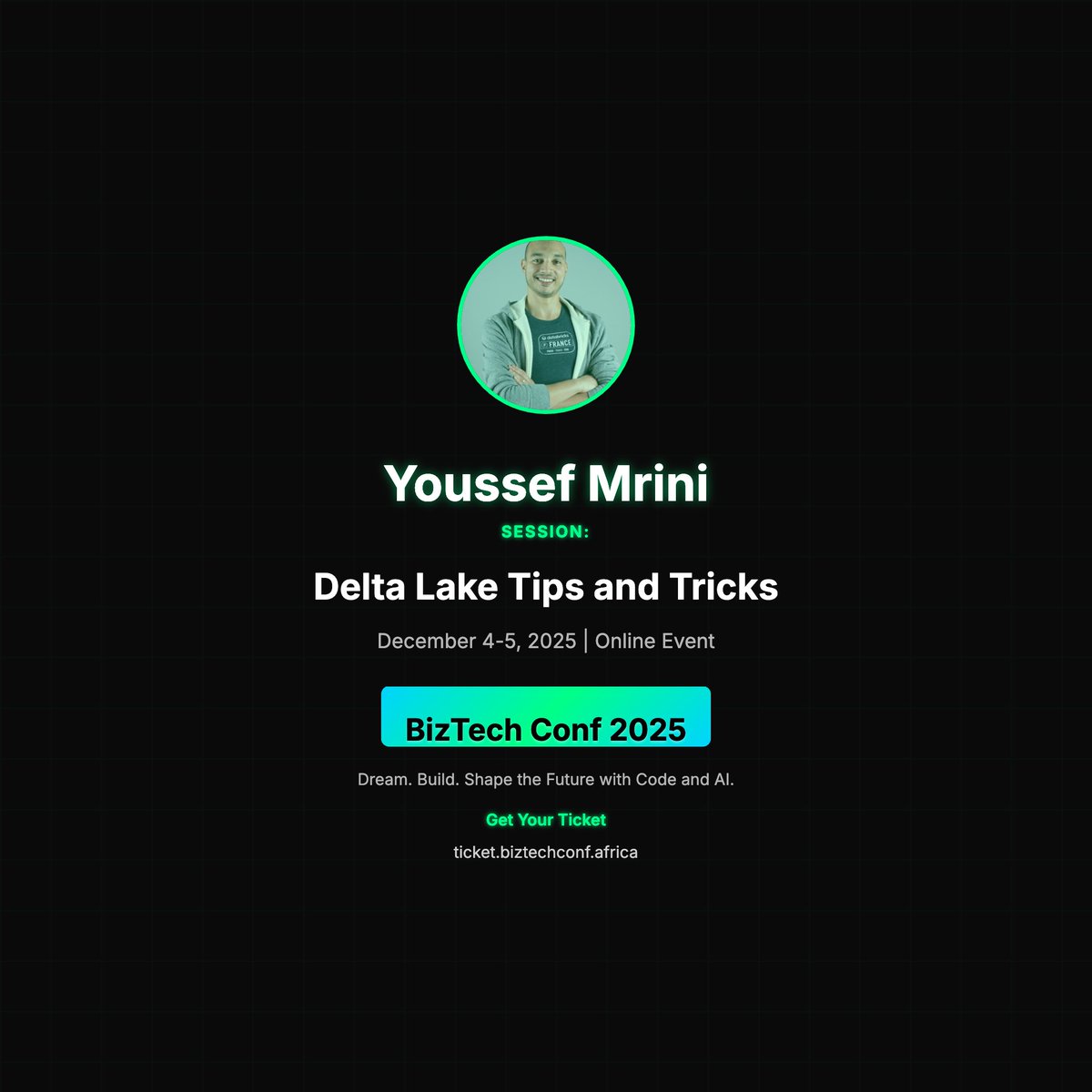 BizTechConf's tweet image. 🎤 Youssef Mrini at BizTech Conf 2025!

📢 &quot;Delta Lake Tips and Tricks&quot;

#BizTechConf2025 #TechConference

🎫 ticket.biztechconf.africa