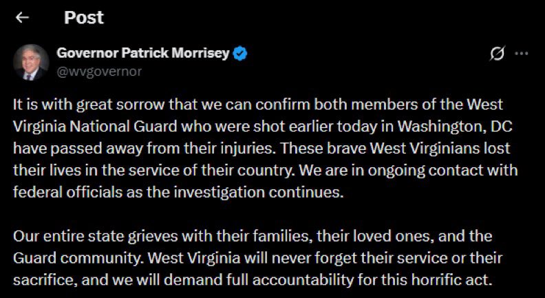 BrokeSource's tweet image. Les deux membres de la Garde nationale de Virginie-Occidentale qui avaient été blessés par balle plus tôt dans la journée à Washington, D.C., sont décédés des suites de leurs blessures.