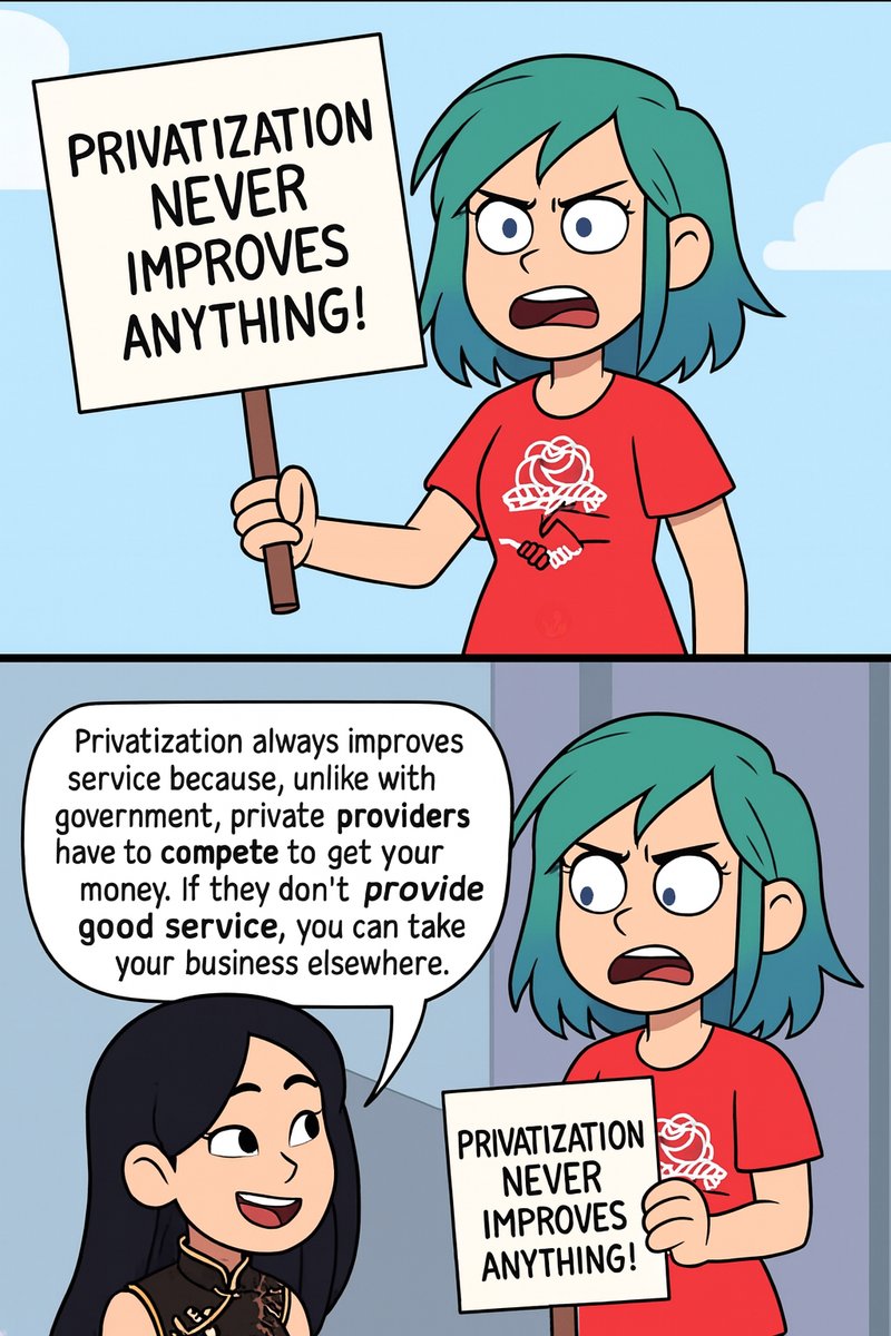 ThePholosopherX's tweet image. Privatization is the best because it makes people compete for best service. The government picking a single provider is NOT privatization. So don&apos;t get that part confused.