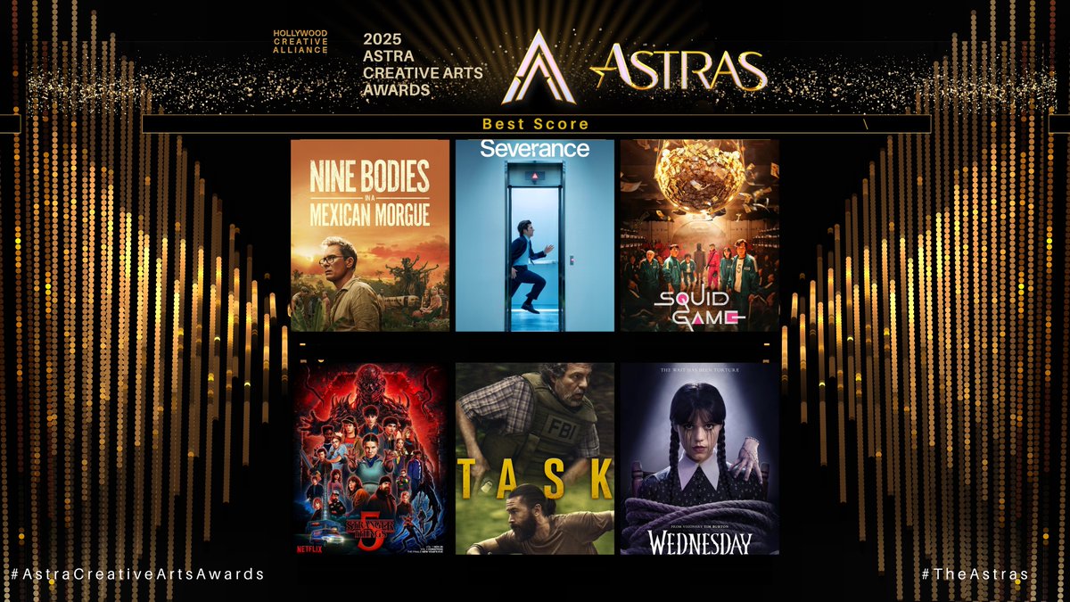TheAstraAwards's tweet image. The Astra Creative Arts Awards TV Nominees for Best Score are:

Nine Bodies in a Mexican Morgue
Severance
Squid Game
Stranger Things
Task
Wednesday

#NineBodiesInAMexicanMorgue #Severance #SquidGame #StrangerThings #Task #Wednesday #TheAstras #AstraCreativeArtsAwards