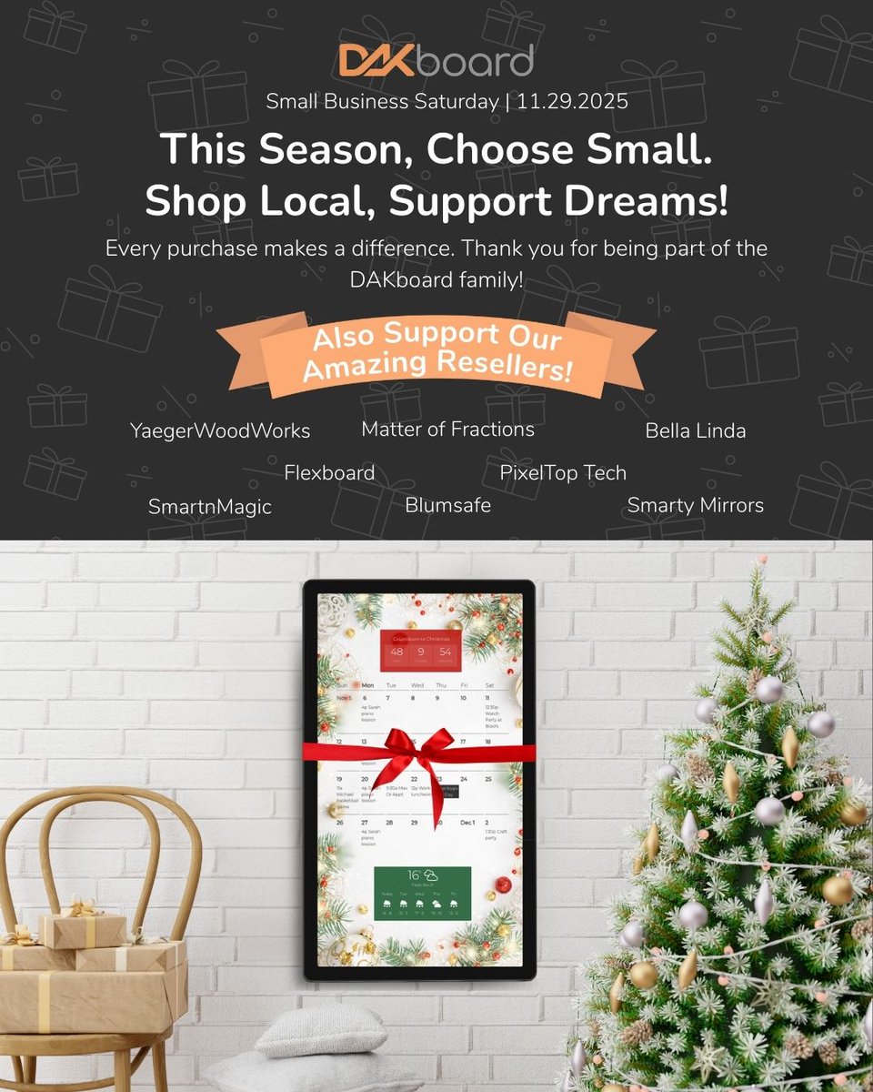 dakboard's tweet image. Happy Small Business Saturday! Your support means the world to our small team. We&apos;re also sending a big shoutout to our fantastic resellers! Your decision to shop small—whether with us or them—makes a real difference. #SmallBusinessSaturday #ShopSmall #SmallBiz