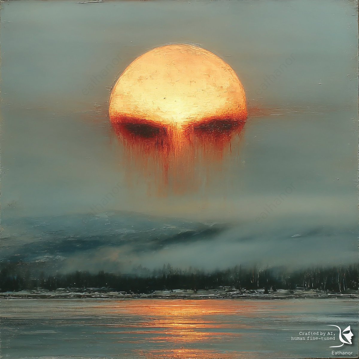 eathanor's tweet photo. "The Skull That Burns the Horizon"
A sun that bleeds—does it herald dawn, or the end of days?
🌌 Good night, dreamers. May your sleep be touched by firelit skies and carried by mysterious tides of silence. 🌙🔥
#FantasyArt #ApocalypticVision #BloodSun https://t.co/y8NLtVOuJB