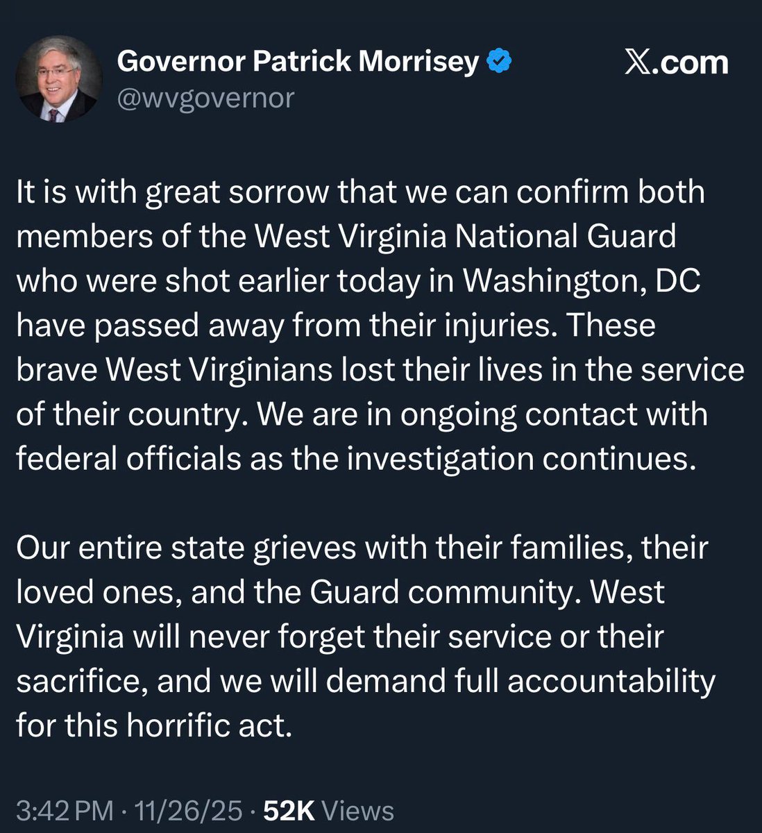 #عاجل 

حاكم ولاية ويست فرجينيا، باتريك موريسي، يؤكد مقتل عنصري الحرس الوطني بعد تعرضهما لإطلاق النار في العاصمة واشنطن
#واشنطن #الولايات_المتحدة