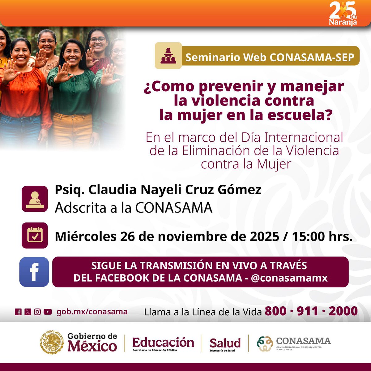 En el marco del Día Internacional de la Eliminación de la Violencia contra la Mujer, y con el propósito de fortalecer entornos educativos seguros invitamos a toda nuestra comunidad escolar a participar en el Seminario Web  🧡