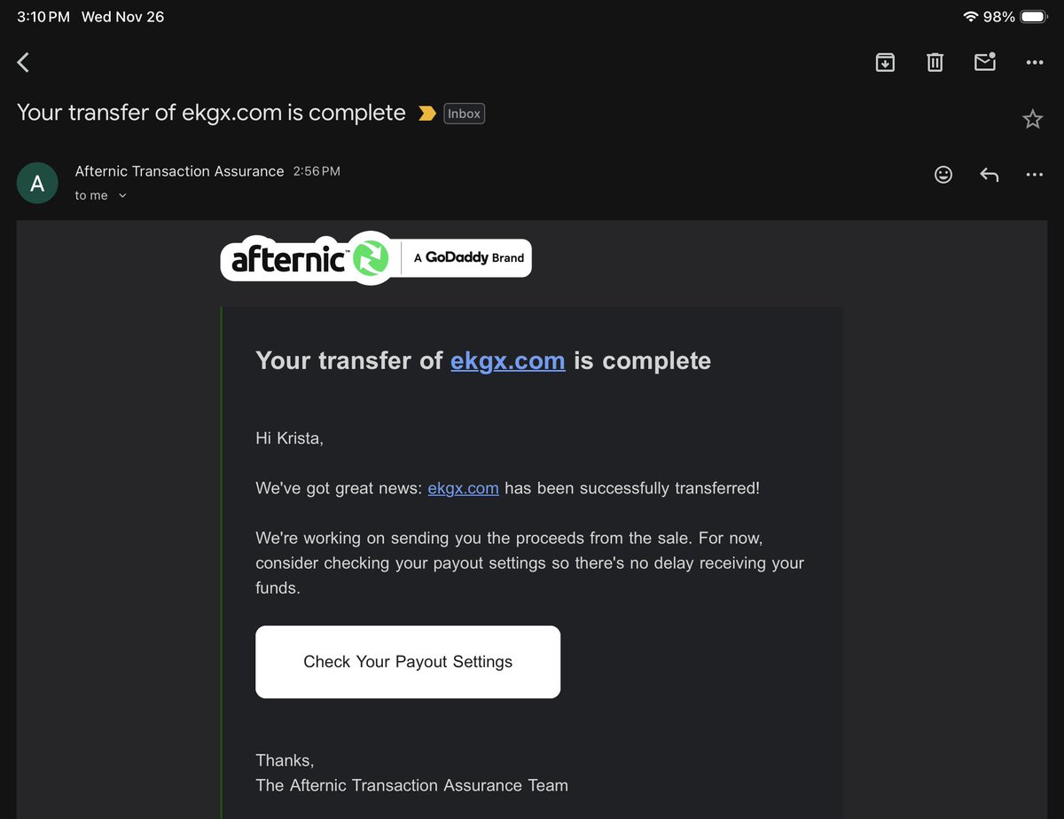 DomainDomme's tweet photo. Reminder that boring little 4-letter .coms can still change your month:
• Purchased EKGX. com (2021): $250
• Sold today on @afternic Fast Transfer: $4,995
• ~1,898% ROI before fees.
Hold quality, price with spine. https://t.co/2WAuEbOOyX