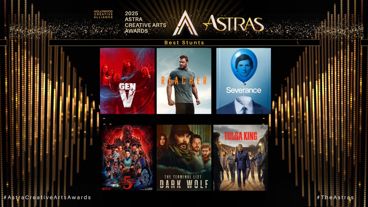 TheAstraAwards's tweet image. The Astra Creative Arts Awards TV Nominees for Best Stunts are:

Gen V
Reacher
Severance
Stranger Things
The Terminal List: Dark Wolf
Tulsa King

#GenV #Reacher #Severance #StrangerThings #TheTerminalListDarkWolf #TulsaKing #TheAstras #AstraCreativeArtsAwards