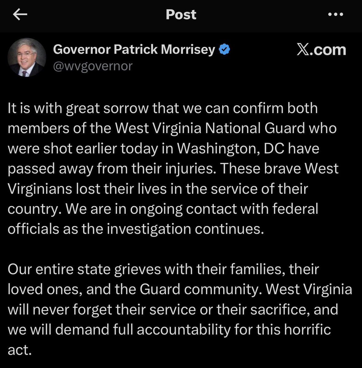 sentdefender's tweet image. Two Soldiers with the West Virginia National Guard have died from the injuries they sustained during today’s fatal shooting near the White House in Washington, D.C., according to Governor Patrick Morrisey.
