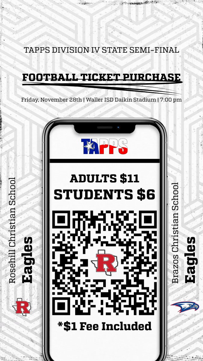 RCS__Athletics's tweet image. 🎟TAPPS Division IV State Semi-Final Game Online Tickets

Waller ISD utilizes GoFan for online only ticket purchase to the game. Use the barcode for link to access to order.

#WeRrosehill #EagleStrong #GoEagles 🦅