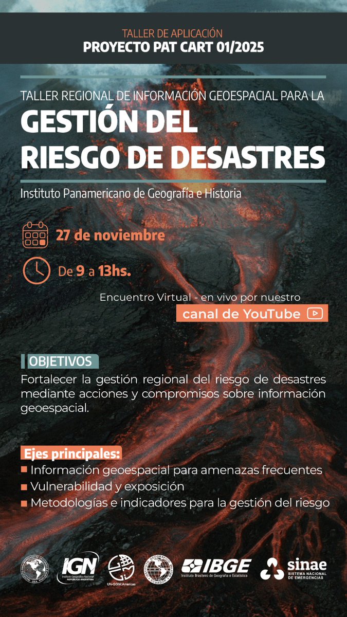 La Comisión de Cartografía del Instituto Panamericano de Geografía e Historia (IPGH), invita cordialmente a la comunidad científica al “Taller Regional de Información Geoespacial para la Gestión de Riesgo a Desastres”.

Este taller forma parte del proyecto liderado por la Dra.