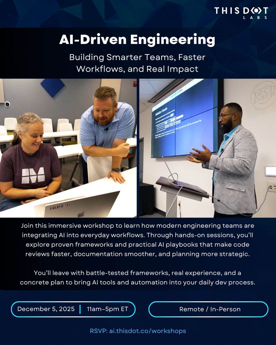 ThisDotLabs's tweet image. 🚨 AI Agent Workshop Coming December 5th!

Join @adslaton and @ElliottFouts in-person in Norcross, GA or online for a hands-on #AI workshop where you’ll run through real workflows across code, tickets, tests, and roadmaps using tools you already have.

RSVP 👇